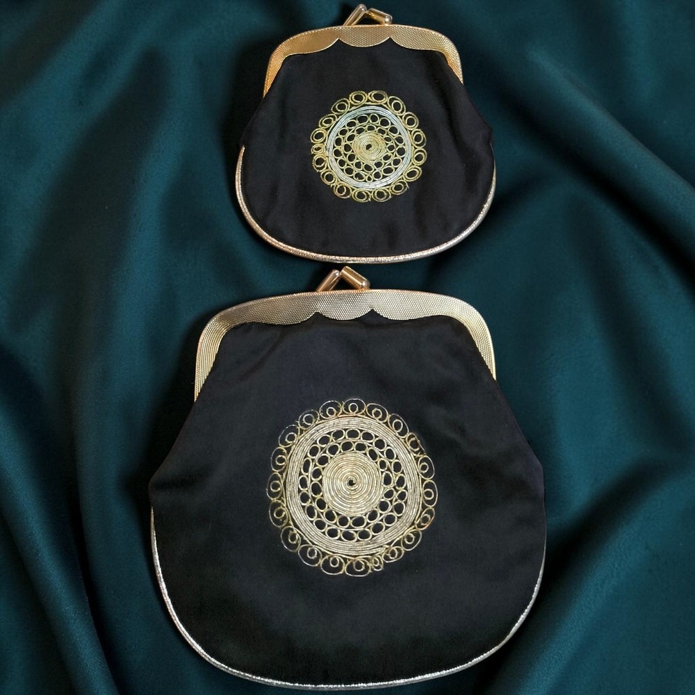 Vintage 1950s Steiner Israel Evening Bag Set Black Satin Gold Filigree Rare